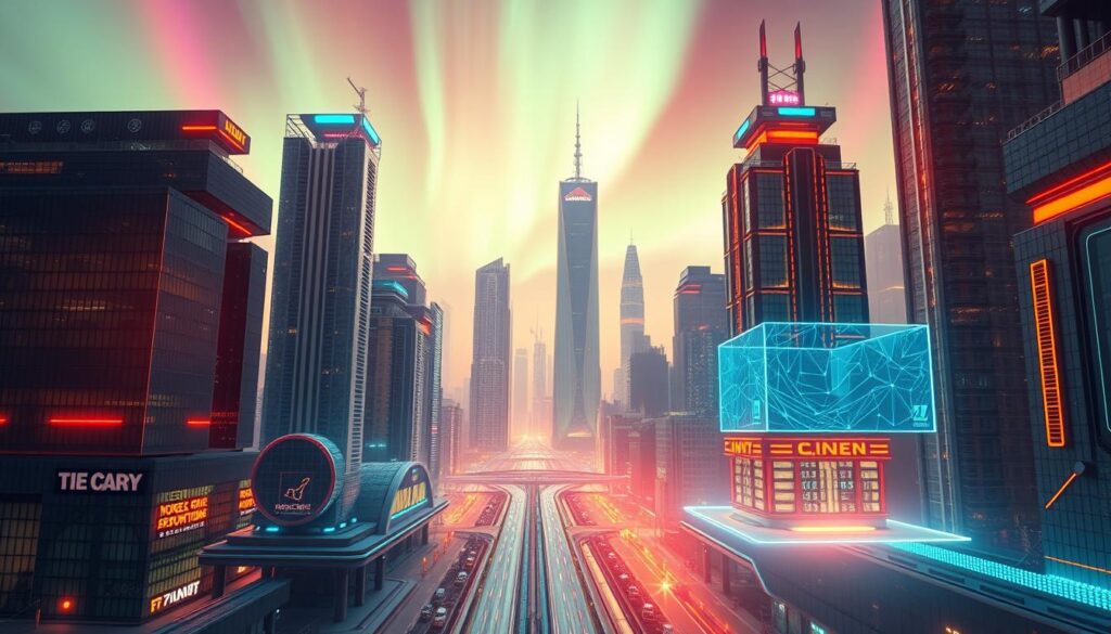 A futuristic cityscape bathed in a warm, digital glow. In the foreground, sleek ID Commerce holograms showcase the latest innovations - secure AI-powered transactions, seamless cloud-based management, and cutting-edge data analytics. The middle ground features towering skyscrapers with intricate architectural designs, their facades adorned with glowing neon accents. In the background, a vibrant aurora borealis illuminates the sky, creating an ethereal, tech-infused atmosphere. The overall scene conveys a sense of progress, efficiency, and the boundless possibilities of the digital era.