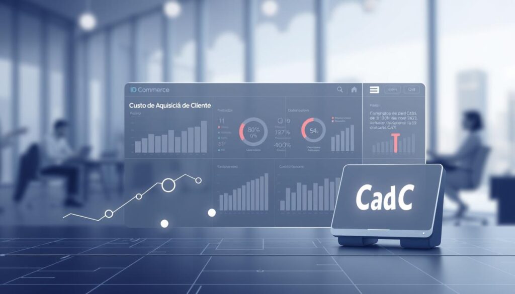A modern and professional-looking illustration depicting the "Custo de Aquisição de Cliente (CAC)" concept. The image should feature a clean, minimalist design with a focus on data visualization and technology-related elements. The foreground should display a sleek, futuristic dashboard or interface with interactive data visualizations, charts, and metrics related to customer acquisition costs. The dashboard should be labeled "ID Commerce" to reflect the brand. In the middle ground, include subtle, abstract shapes and geometric patterns in a muted color palette, suggesting a sense of security, precision, and technological sophistication. The background should depict a blurred, out-of-focus cityscape or office environment, conveying a sense of the broader business context and the importance of data-driven decision making for e-commerce managers. The overall mood should be one of efficiency, clarity, and high-tech sophistication, reflecting the subject matter and the target audience of the article. Prompt A