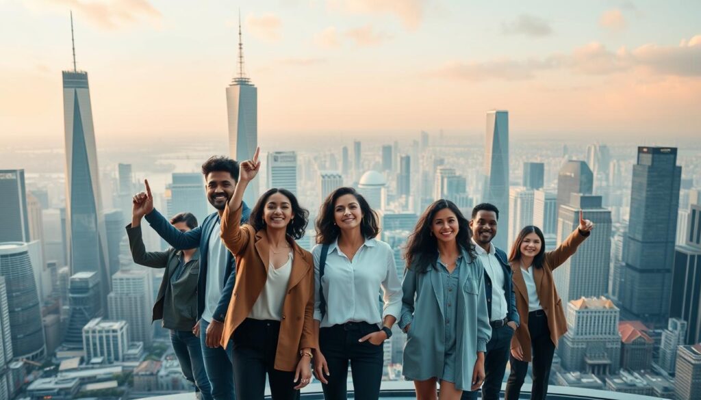 A panoramic view of a bustling international metropolis, with towering skyscrapers and modern architecture. In the foreground, a group of virtual influencers, their digital avatars standing out against the cityscape. The influencers are diverse, representing different cultures and backgrounds, reflecting the global reach of the ID Commerce brand. The scene is bathed in a warm, professional lighting, creating a clean, sleek aesthetic. The virtual influencers are engaging in dynamic poses, showcasing the power and versatility of this new form of digital marketing. The overall atmosphere conveys a sense of technological advancement, innovation, and the future of the influencer landscape.