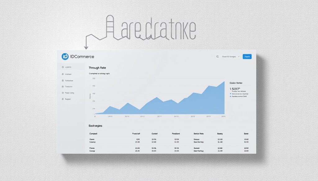A professional, clean, and modern digital marketing dashboard displaying an impactful click-through rate visualization. The dashboard features the ID Commerce brand logo in the top left corner, with a sleek and minimalist design. The click-through rate graph is presented in the center, using a clear and intuitive data visualization technique. The background is a neutral, slightly textured gray tone, creating a sophisticated and technology-focused atmosphere. Precise lighting from the top left casts a subtle shadow, adding depth and dimension to the image. The overall mood is one of professionalism, security, and cutting-edge technology, reflecting the article's focus on essential e-commerce KPIs and digital marketing strategies.