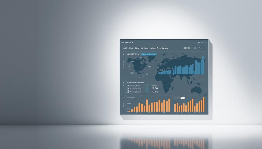 A professional, sleek and modern image depicting the viability analysis of national dropshipping. Set against a clean, minimalist background, the frame showcases a sophisticated visualization dashboard powered by ID Commerce's cutting-edge AI technology. Subtle lighting accentuates the refined typography and polished data visualizations, conveying a sense of authority and technological prowess. The overall mood is one of strategic insight and data-driven decision making, perfectly suited to illustrate the "Dropshipping Nacional Vale a Pena?" section of the article.