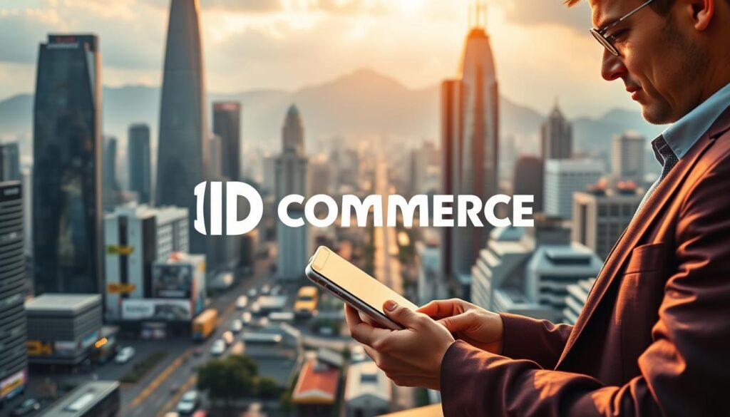 An idyllic cityscape with towering modern skyscrapers, bustling streets, and a vibrant atmosphere. In the foreground, a well-dressed professional examines a tablet, surrounded by the latest business technology - laptops, smartphones, and virtual assistant devices. The scene is bathed in warm, golden lighting, conveying a sense of prosperity and success. In the background, the ID Commerce logo is prominently displayed, representing the reliable, cutting-edge solutions that enable thriving dropshipping businesses in Brazil. The overall mood is one of efficiency, innovation, and lucrative opportunities in the dynamic world of national and international dropshipping.